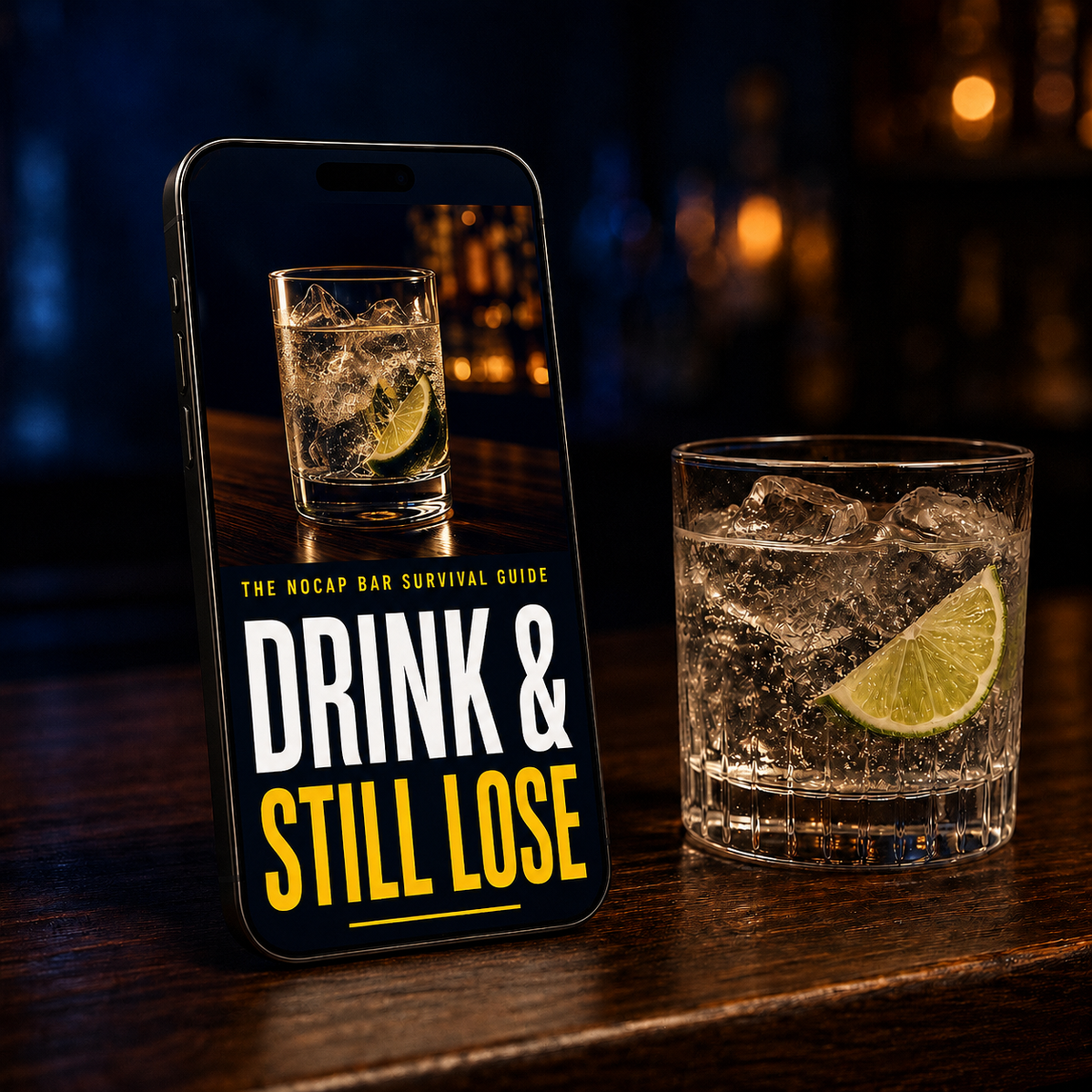 Drink & Still Lose guide on a phone at the bar